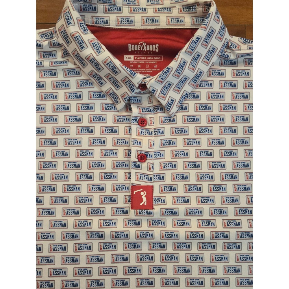 Bogey Bros Golf Co Mens XXL A$$man License Plate Seinfeld Polo Shirt White Red